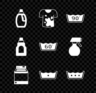 Şişeyi temizleme acentesi, kirli tişört, sıcak suyla yıkama, yıkama ve ikon için ayarla. Vektör