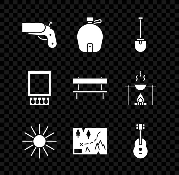 Встанови пістолет Flare, пляшку з водою Canteen, Shovel, Sun, Folded map з розташуванням, Guitar, Open сірниковою коробкою і сірниками і іконою Bench. Вектор — стоковий вектор