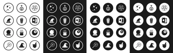 Σετ Pentagram σε έναν κύκλο, κουτί ποπ κορν, καπέλο μάγισσα, αστέρια Sparkle με μαγική λάμψη, Παίζοντας χαρτιά, Unicycle ένα ποδήλατο τροχό, μαγική μπάλα των προβλέψεων και εικονίδιο. Διάνυσμα — Διανυσματικό Αρχείο