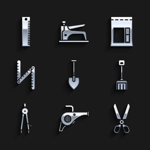 Set Shovel, Leaf garden blower, Scissors, Snow shovel, Drawing compass, Folding ruler, Cement bag and Ruler icon. Vector — Stock vektor