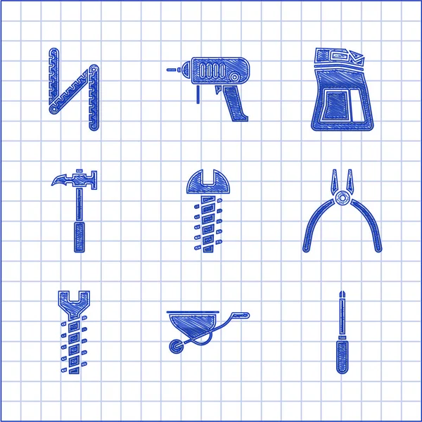 Definir parafuso metálico, carrinho de mão, chave de fenda, ferramenta Alicates, martelo de garra, saco de cimento e ícone de régua dobrável. Vetor — Vetor de Stock