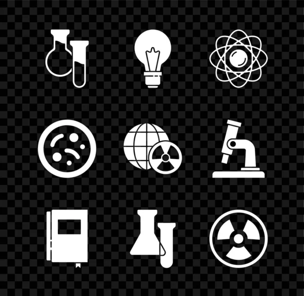 Set Tube à essai et fiole, Ampoule avec concept d'idée, Atome, Livre, Radioactif, Bactéries et Planète icône de rayonnement terrestre. Vecteur — Image vectorielle