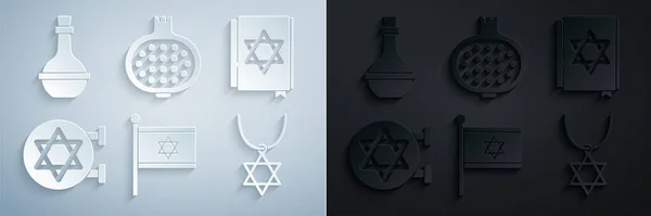 Set Bandiera d'Israele, libro ebraico di torah, sinagoga, collana Star David a catena, icona di melograno e bottiglia di vino. Vettore — Vettoriale Stock