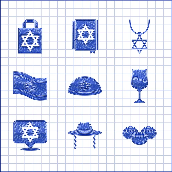Yahudi kippah, Ortodoks Yahudi şapkası, tatlı fırın, kadeh, Davut Yıldızı, İsrail bayrağı, zincirli kolye ve yıldız David ikonu ile alışveriş çantası. Vektör — Stok Vektör