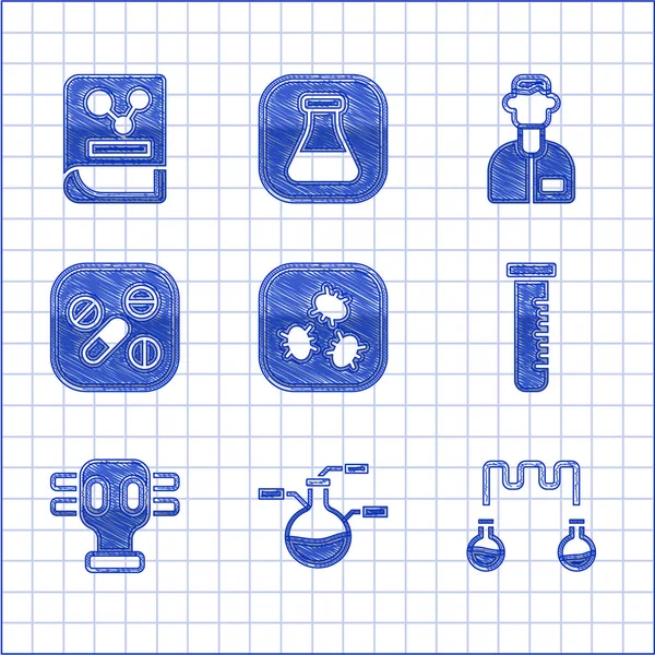 Ställ in bakterier, provrör och kolv, gasmask, medicinpiller eller tabletter, laboratorieassistent och kemiboksikon. Vektor — Stock vektor