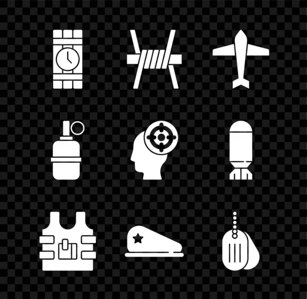 Set Dynamite and timer clock, Barbed wire, Jet fighter, Bulletproof vest, Military beret, dog tag, Hand grenade and Target sport icon. Vector — Stock Vector