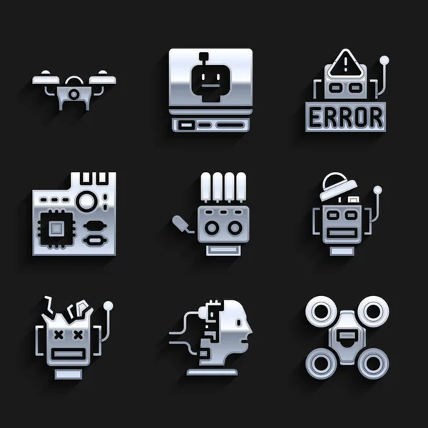 Definir mão robô mecânico, robô para manutenção, Drone, quebrado, chip digital de placa-mãe, erro e ícone. Vetor —  Vetores de Stock