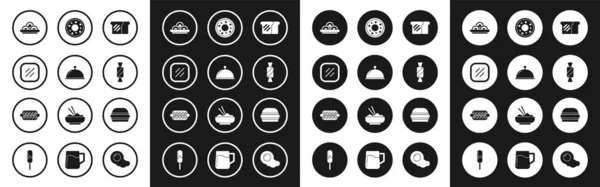 Set Bread toast, Covered with tray, Steak meat, Asian noodles in bowl, Candy, Donut, Burger and Hotdog sandwich icon. Vector — Stock vektor