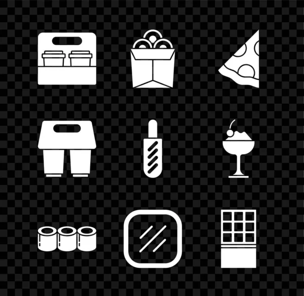 Set Coffee cup to go, Noodles in box, Slice pizza, Sushi, Steak meat, Chocolate bar, and Hotdog sandwich icon. Vector — 图库矢量图片