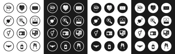 Set Umschlag mit Valentinsherz, Suche und Liebe, Amour-Pfeil, Handy, Diamant-Verlobungsring, Süßigkeitenschachtel, Online-Dating-App und Gender-Symbol. Vektor — Stockvektor