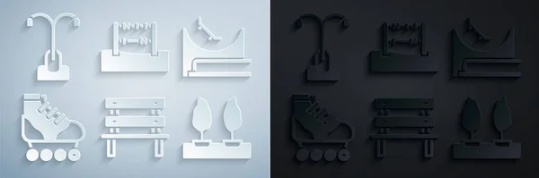 Set Bench, Skate Park, Roller skate, Forest, Abacus і Street light icon. Вектор — стоковий вектор