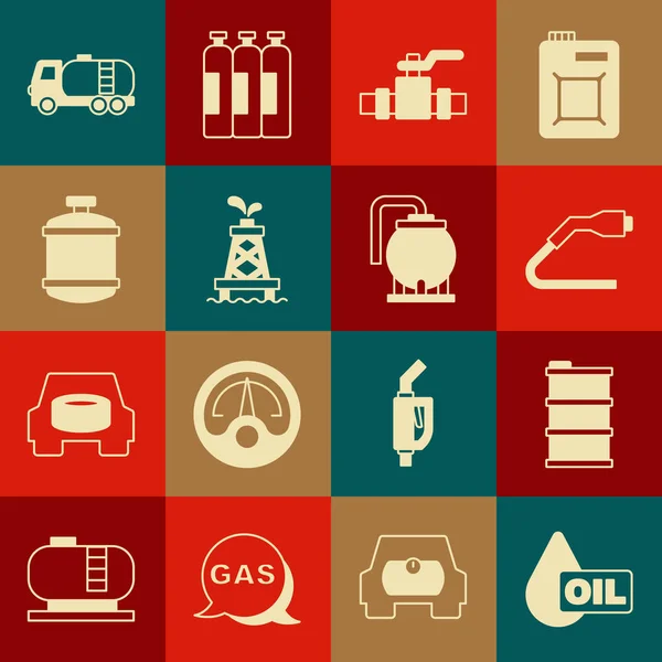 Set Spadek oleju, olej baryłkowy, elektryczne ładowanie kabli, metalowe rury i zawór, platforma, zbiornik gazu Propan, cysterna i ikona magazynowa. Wektor — Wektor stockowy