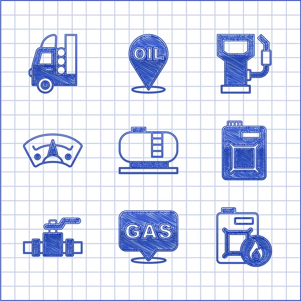 Set Armazenamento de tanque de óleo, Localização e posto de gasolina, Caixote para óleo de motor, Válvula de tubos metálicos, Calibre do motor, Ícone de veículo a gasolina e gás. Vetor — Vetor de Stock