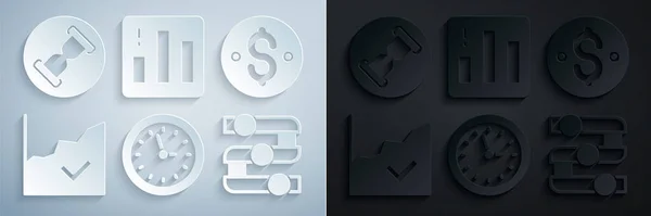 Reloj conjunto, símbolo del dólar, aumento del crecimiento financiero, gráfico, gráfico, diagrama, infografía de pastel y reloj de arena viejo icono. Vector — Vector de stock