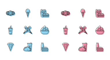 Pizza dilimi, kağıt bardak ve tortilla ile taco, tatlı tatlı jöle, şişe su burgeri, dondurma, kasede patlamış mısır, saman ve waffle konisi ikonu. Vektör