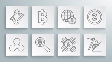 Şifreleme madeni parası dalgalanma XRP, Bitcoin, büyüteç, CPU madencilik çiftliği, bulut, Globe ve kripto para birimi, Zcash ZEC ve anahtar simgesi. Vektör