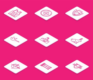 Çizgili av ceketi, atış yarışması için hedef sporu, Moose kafa kalkanı, uçan ördek, tuzak avı, hedef tahtası ve Hippi okları ikonu. Vektör