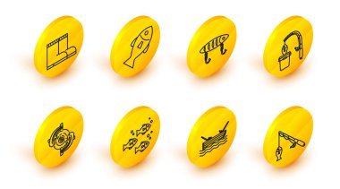 Olta ve balık oltası, su, yem ve bot ikonu ile balıkçı teknesi. Vektör