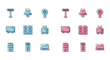 Çift taraflı kazan, uzaktan kumanda, elektrikli ısıtıcı, dizüstü bilgisayar, gaz sobası, televizyon, akıllı televizyon ve mutfak sökücü fan ikonu. Vektör
