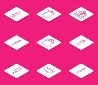 Biber, tencere, tuz ve biber, bıçak, raptiye, et helikopteri ve bowling ikonu. Vektör