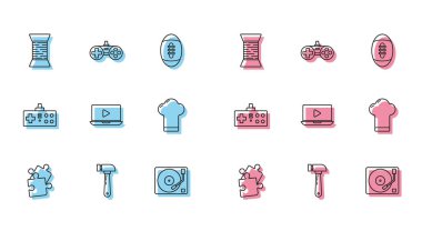 Satır Parçası, Hammer, dikiş ipliği, vinil diskli Vinil oynatıcı, Online video, Şef şapkası, Gamepad ve simge. Vektör