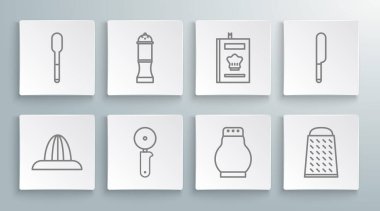 Citrus meyve sıkacağı, biber, pizza bıçağı, tuz ve biber, Grater, yemek kitabı, bıçak ve kaşık ikonu. Vektör