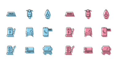 Petrol ya da benzin istasyonu, konum işaretli dizüstü bilgisayar, taksinin çatısı, araba, tramvay ve demiryolu, telefon hizmeti, elektrik şarj ve Scooter ikonu. Vektör