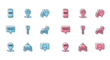 Hattı taksi, taksi, telefon servisi, araba anahtarı ve ikon ile belirle. Vektör