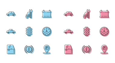 Hat kapısı, fren sistemi uyarısı, park yeri, trafik ışığı, hız göstergesi ve servis simgesi. Vektör