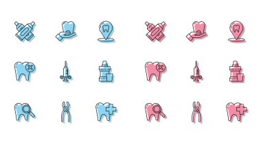 Dişçi muayenesi, pense, çapraz diş macunu tüpü, diş bakımı kliniği, tıbbi şırınga ağız gargarası plastik şişe, diş bakımı ve ikonlu diş ipi. Vektör