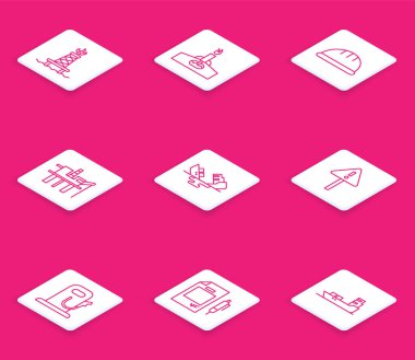 Petrol platformunu ateşle donat, işçi kaskı, denizdeki platform, enkaz petrol tankeri gemisi ünlem üçgeni, benzin istasyonu ve kontrat parası ve kalem ikonu. Vektör