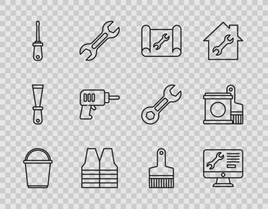 Hat Bucket, Bilgisayar Monitör Servisi, Grafik kağıdı ve anahtar, güvenlik yeleği, tornavida, elektrikli matkap, boya fırçası ve kova ikonu. Vektör