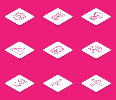 Askeri ödül madalyası, hava indirme kutusu, İsviçre çakısı, rütbe, miğfer ve polis kauçuk cop ikonu. Vektör