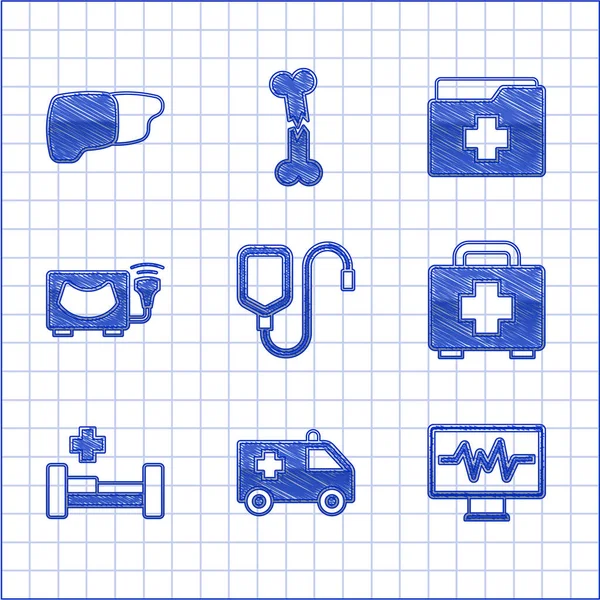 Conjunto de saco IV, carro de ambulância, monitor com cardiograma, kit de primeiros socorros, cama de hospital, ultra-som, registro do paciente e ícone de fígado de órgão humano. Vetor — Vetor de Stock