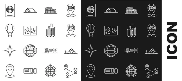 Définir la ligne Emplacement de la route, Tente touristique avec feu de bois, Pointeur de carte Pyramides de l'Egypte, Colisée Rome, Italie, Passeport pages visa timbres, Montgolfière, données biométriques et valise pour icône de voyage. Vecteur — Image vectorielle