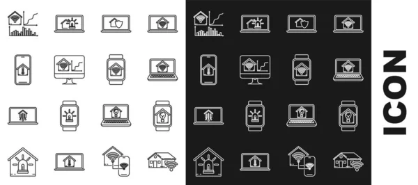 Set line Smart home with wi-fi, watch smart house and light bulb, Laptop, under protection, Computer monitor, Mobile phone temperature, and icon. Vector — Stock vektor