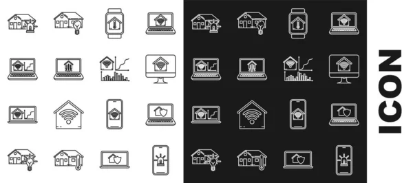 Establezca la línea Teléfono móvil con casa inteligente y alarma, computadora portátil bajo protección, monitor de computadora wi-fi en casa, temperatura del reloj inteligente e icono. Vector — Archivo Imágenes Vectoriales