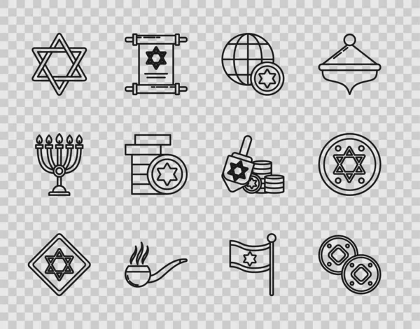 Ställ in linje Star of David, Judiska mynt, World Globe och Israel, Rökpipa med rök, Flagga och ikon. Vektor — Stock vektor