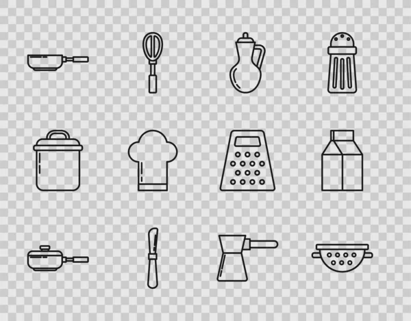 Set line Frying pan, Kitchen colander, Bottle of olive oil, Knife, Chef hat, Coffee turk and Paper package for milk icon. Vector — Stock Vector
