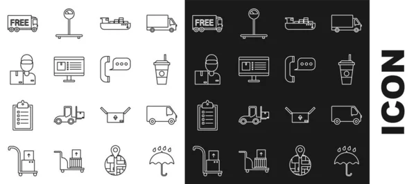 Set line Umbrella and rain drops, Coffee cup, Cargo ship with boxes delivery service, Computer monitor app tracking, man cardboard, Free and Telephone speech bubble chat icon. Vector — Stock vektor