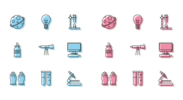 Set line Rubber gloves, Test tube and flask chemical laboratory, Planet, Microscope, Telescope, Computer monitor with keyboard mouse, Glass bottle pipette and Light bulb concept of idea icon. Vector — Stock Vector