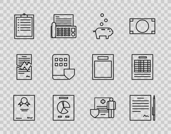 Set line Zertifikatsvorlage, Sparschwein-Münze, Diagrammdiagramm, Zwischenablage Checkliste, Smartphone-Versicherung, klinische Zwischenablage und Dokument-Icon Report-Datei. Vektor — Stockvektor