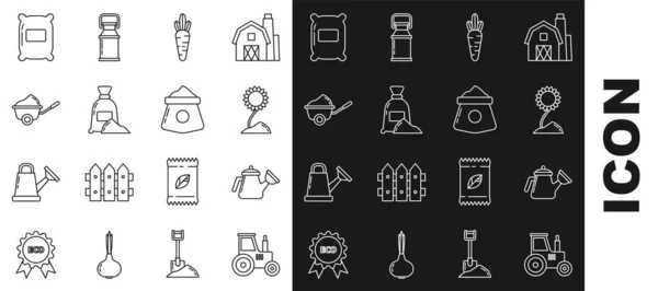 Set line Tractor, Watering can, Sunflower, Carrot, Bag of flour, Wheelbarrow with dirt, and icon. Vector — 图库矢量图片