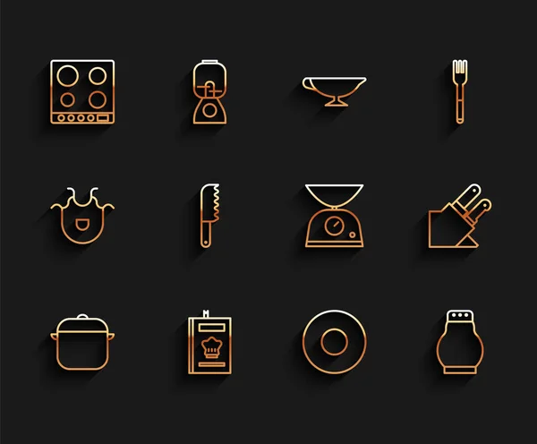 Főzőedény, szakácskönyv, gáztűzhely, tányér, só és bors, kenyérvágó kés, kés és mérlegek ikonja. Vektor — Stock Vector