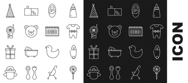 Set line Lollipop, Classic steel safety pin, Baby clothes, Newborn baby infant swaddled, Teddy bear plush toy, Monitor Walkie Talkie, Party hat and Calendar icon. Vector — 图库矢量图片