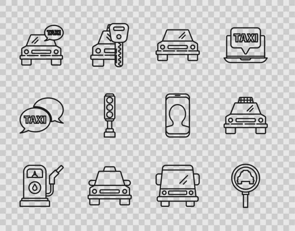 Benzin istasyonu, büyüteç ve taksi arabası, araba, taksi, trafik ışığı ve ikon ayarlayın. Vektör