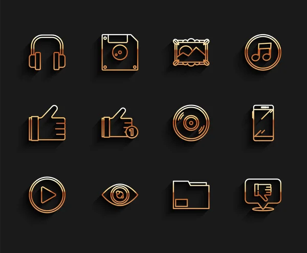 Establecer línea Reproducir en círculo, Ojo, Auriculares, Carpeta del documento, Disgusta burbuja de voz, Mano, Smartphone, móvil y vinilo icono de disco. Vector — Vector de stock