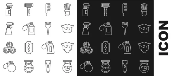 Set line Barbería, bigote y barba, cepillo de pelo, botella Aftershave con atomizador, pistola de peluquería spray, y el icono. Vector — Vector de stock