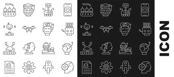 Definir linha Robô humanóide, óculos inteligentes, mão mecânica, robô, drone, desmontado, produção industrial de robôs e ícone de carga de bateria baixa. Vetor —  Vetores de Stock