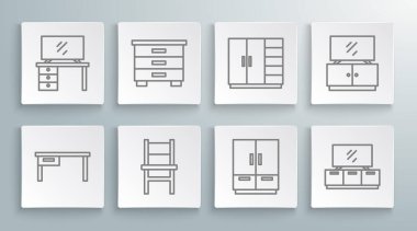 Ofis masası, mobilya sehpası, sandalye, gardırop, televizyon masası ve ikon. Vektör
